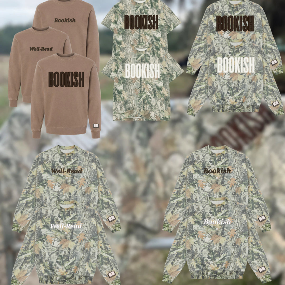 Embroidered Bookish Camo Crewnecks